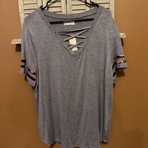 Maurices Gray Top with Striped Sleeves